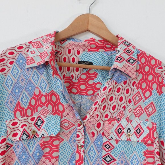 Talbots Top Womens 1X Red Western Shirt Aztec Boho Allover Patchwork Petites - Picture 2 of 12